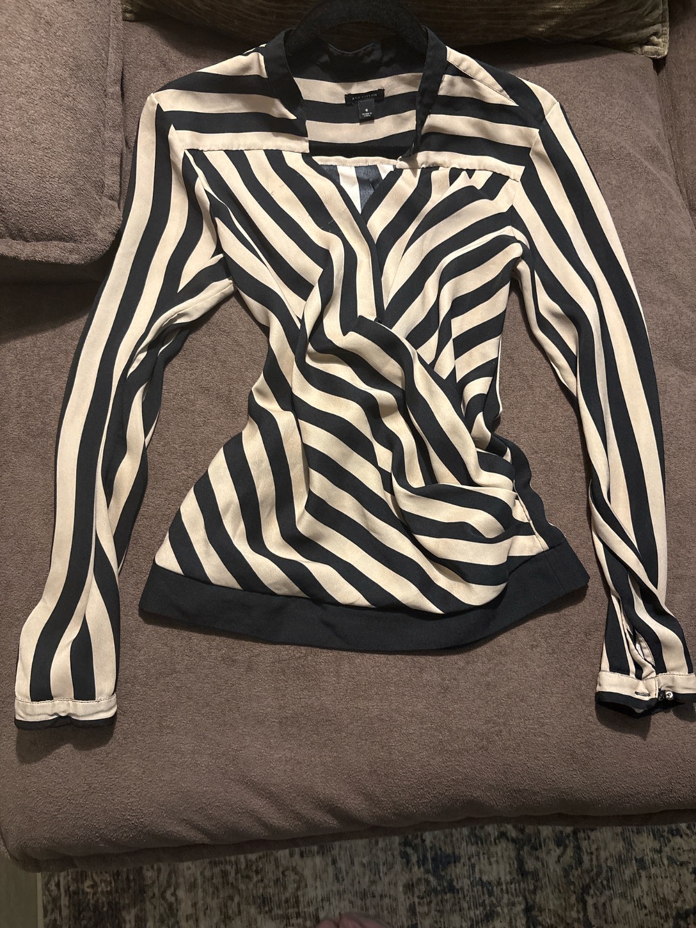 Ann Taylor Black and Cream Striped Wrap-Front Button Down Blouse